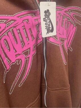 Southin Bloom Brown Zip Hoodie with Pink Rhinestone Logo